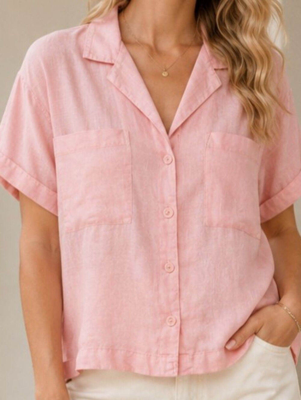 NWT ANA A New Approach Pink Linen Blend Button Front Camp Shirt Sz M Coastal